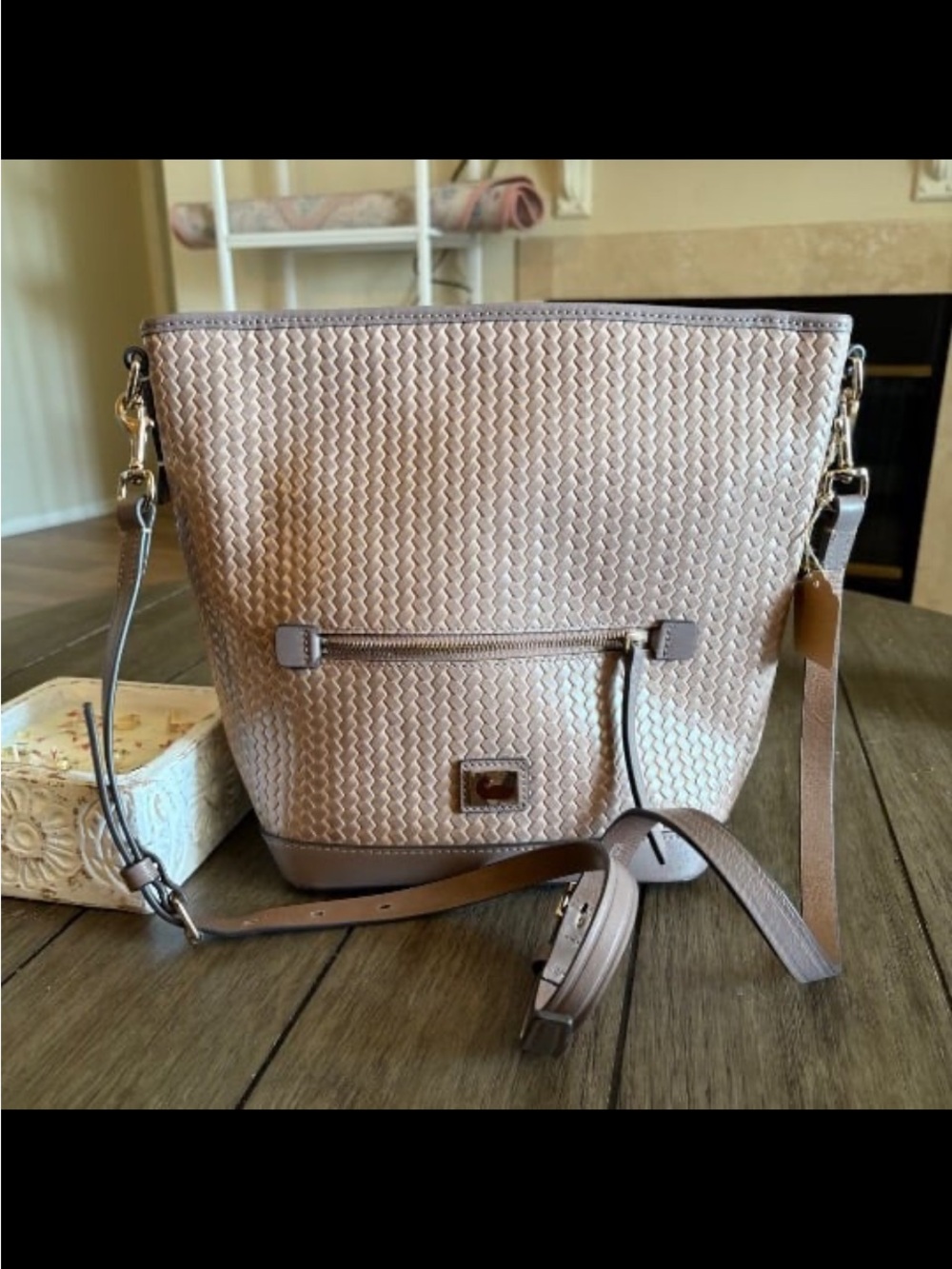 Dooney & Bourke Taupe Woven Pebble Crossbody Bucket Bag